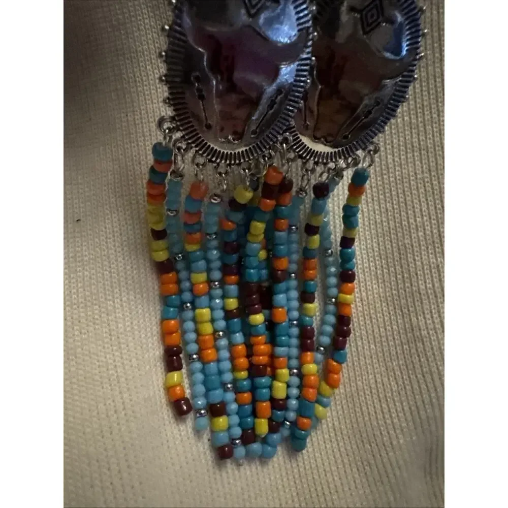 Justin Earrings New Western Beaded Fringe Dangle Silver Rodeo Cowgirl Large NWT